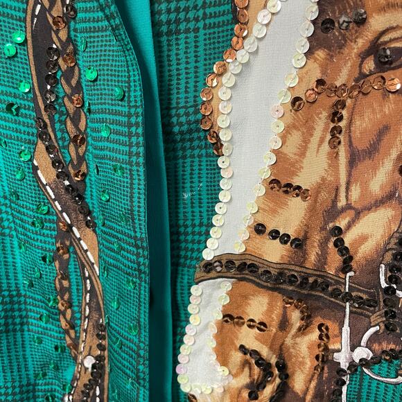 Vintage Diane Gilman Pure Silk Sequin Embellished Horse Print Button Up Green 1X - Picture 6 of 9